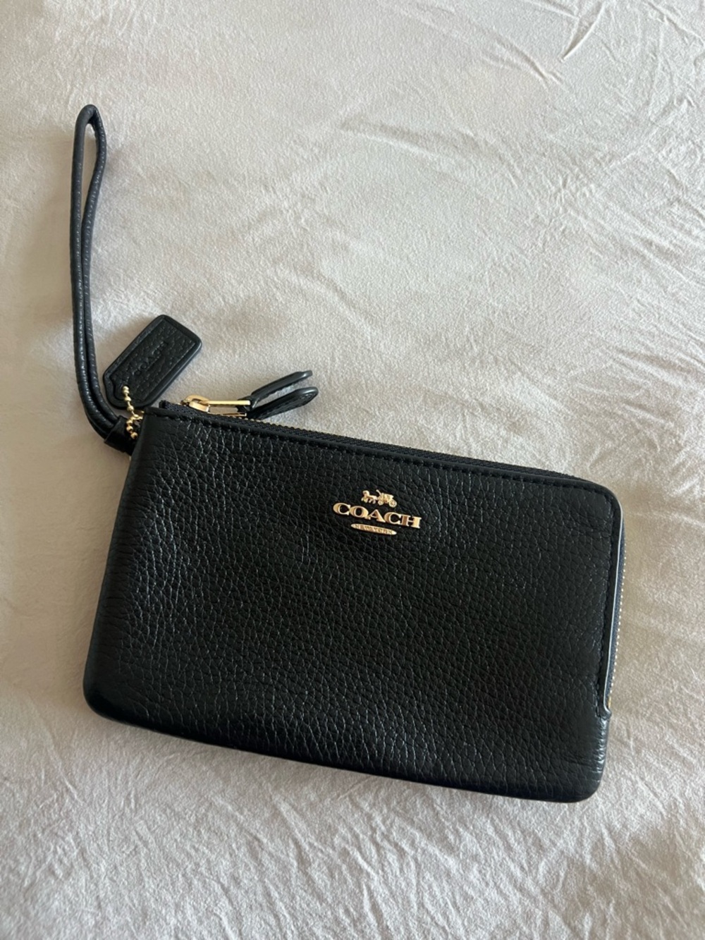 Coach Black Pebbled Leather Zip Wristlet with Gold Logo